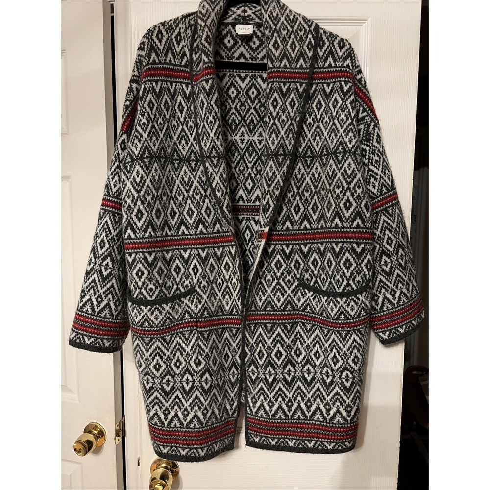 Aspen 1X Cardigan Sweater Nordic Fair Isle Wool Blend Red Gray Open Pockets